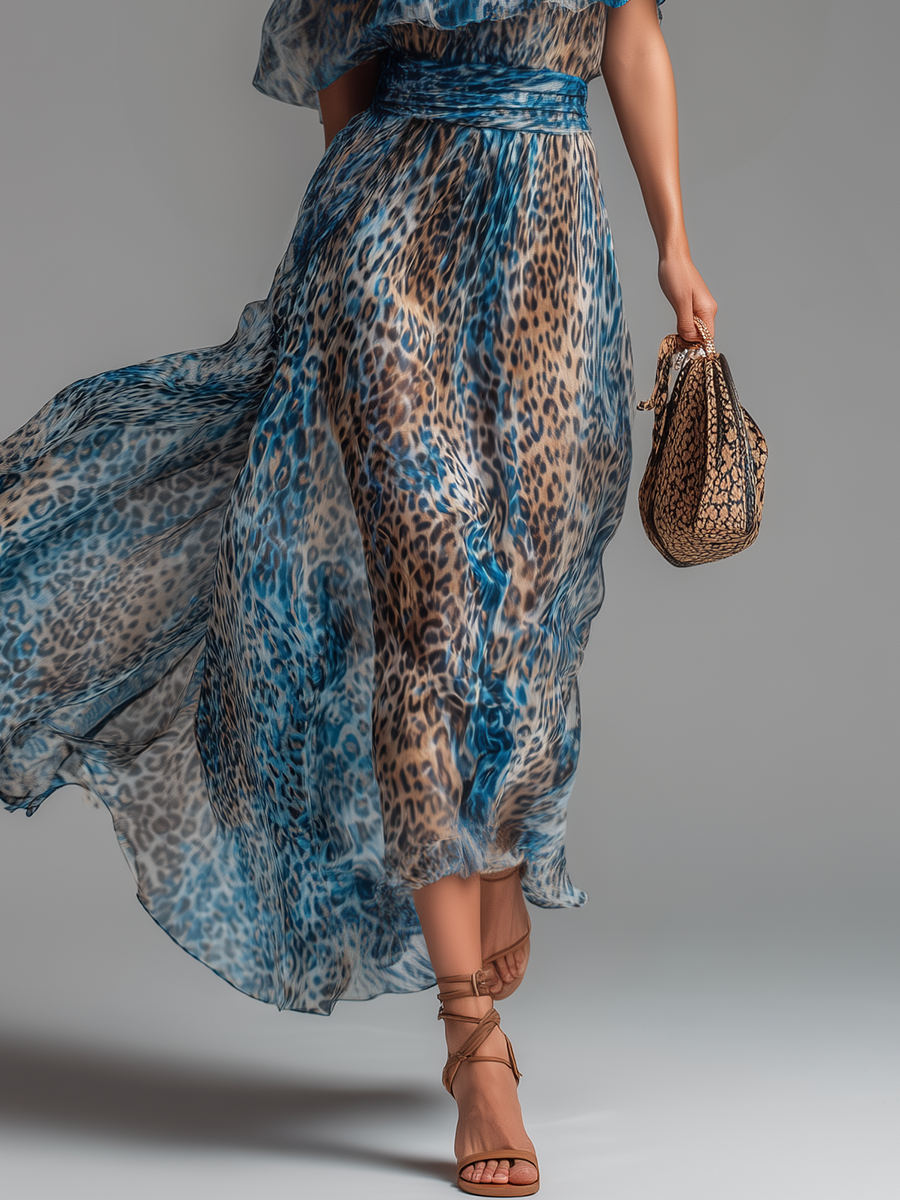 Salvaje - Vestido largo de gasa con estampado de leopardo y hombros descubiertos