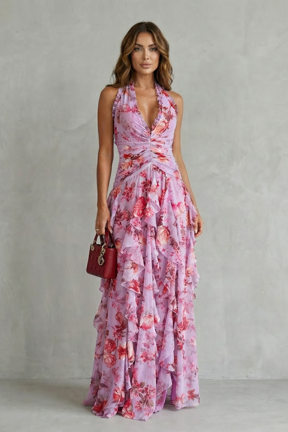 Belladina | Vestido Maxi Romántico con Rosas en Cascada y Escote Americano