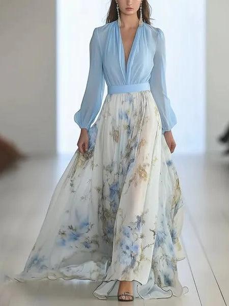 Vestido Maxi Estampado Floral con Cuello en V