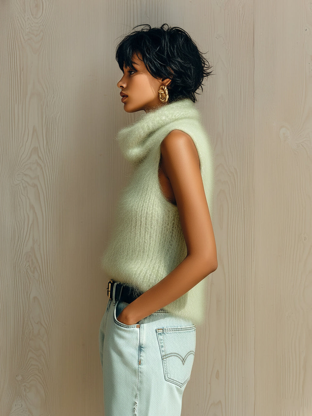 Top Camiseta Chic Vintage Verde Claro con Cuello Cowl y Punto Acanalado Esponjoso