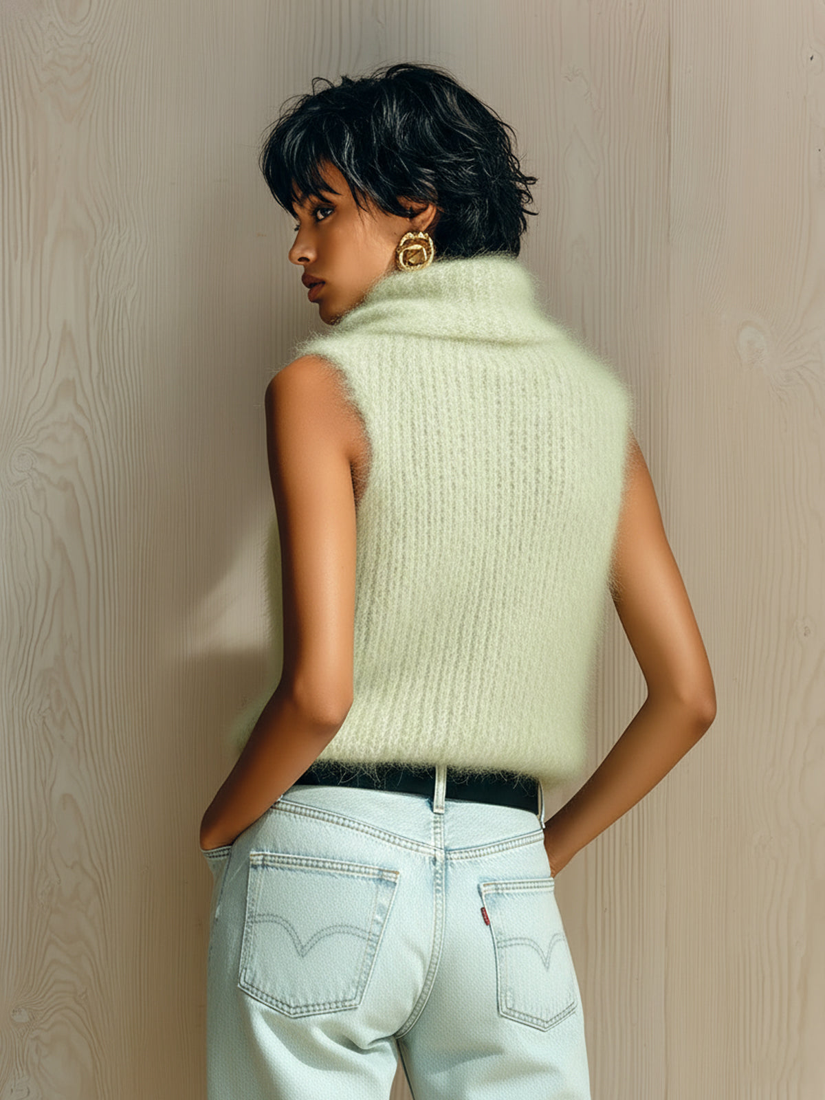 Top Camiseta Chic Vintage Verde Claro con Cuello Cowl y Punto Acanalado Esponjoso