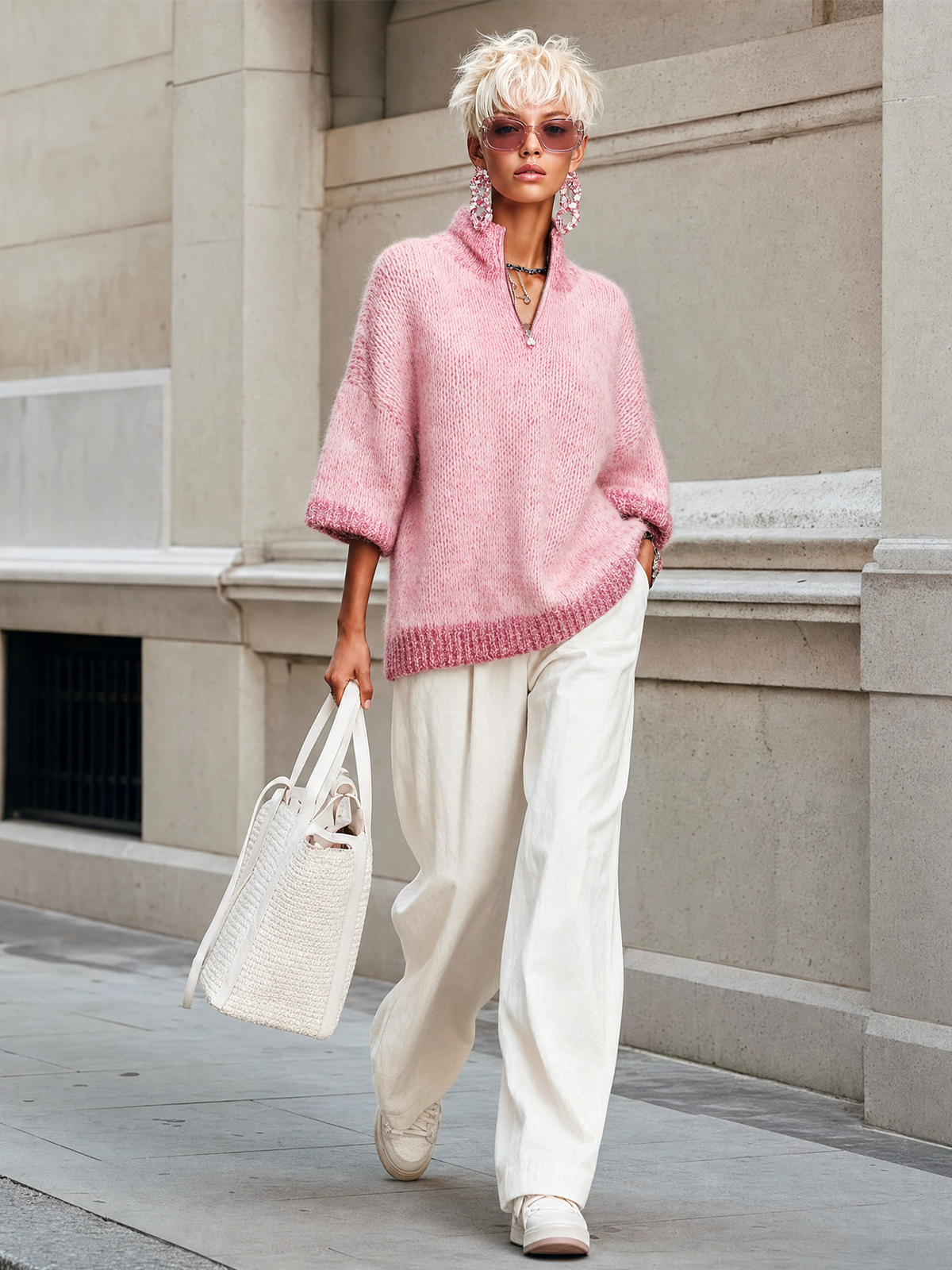Top Suéter Casual Rosa con Cuello Alto, Cremallera y Manga Corta