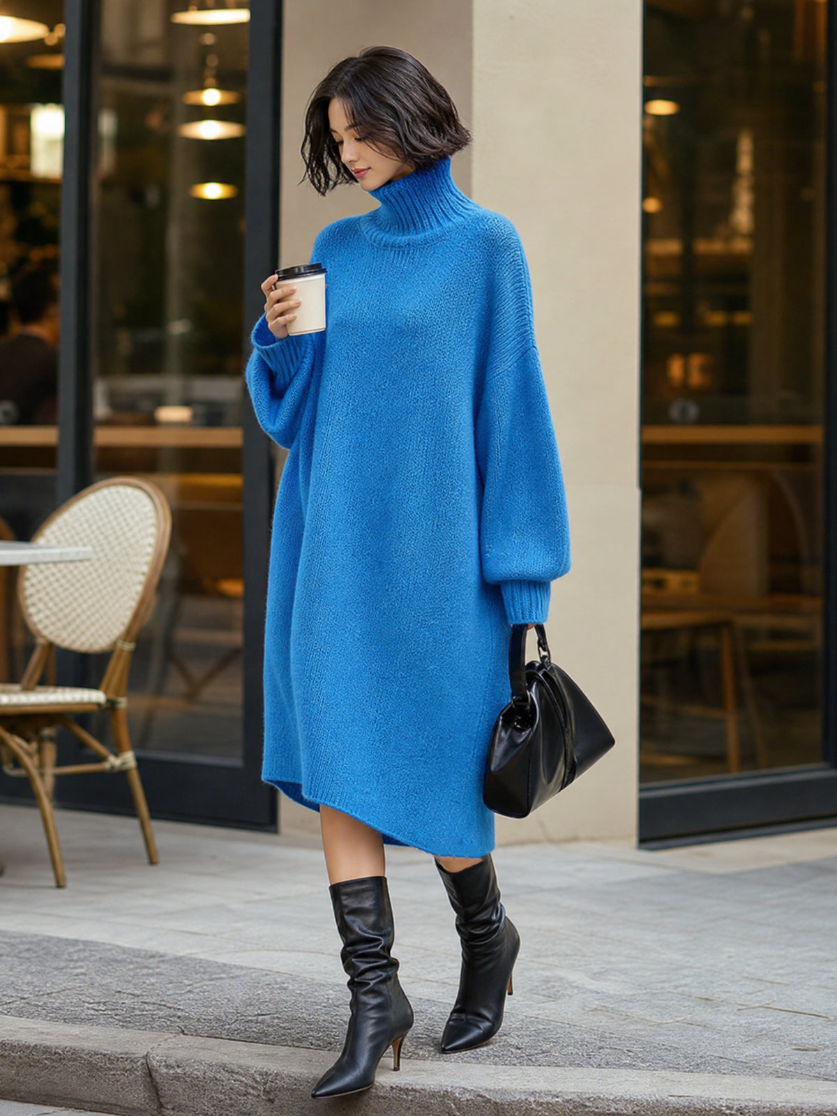 Vestido Midi Chic Casual Azul Oversize con Cuello Alto y Manga Larga