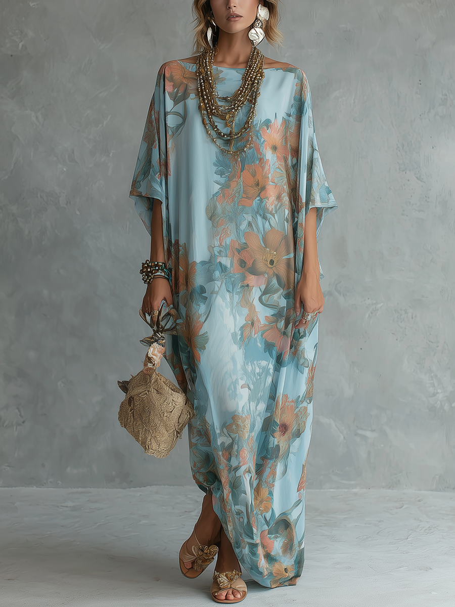 Vestido Largo Bohemio Holgado Azul Cielo con Estampado Floral