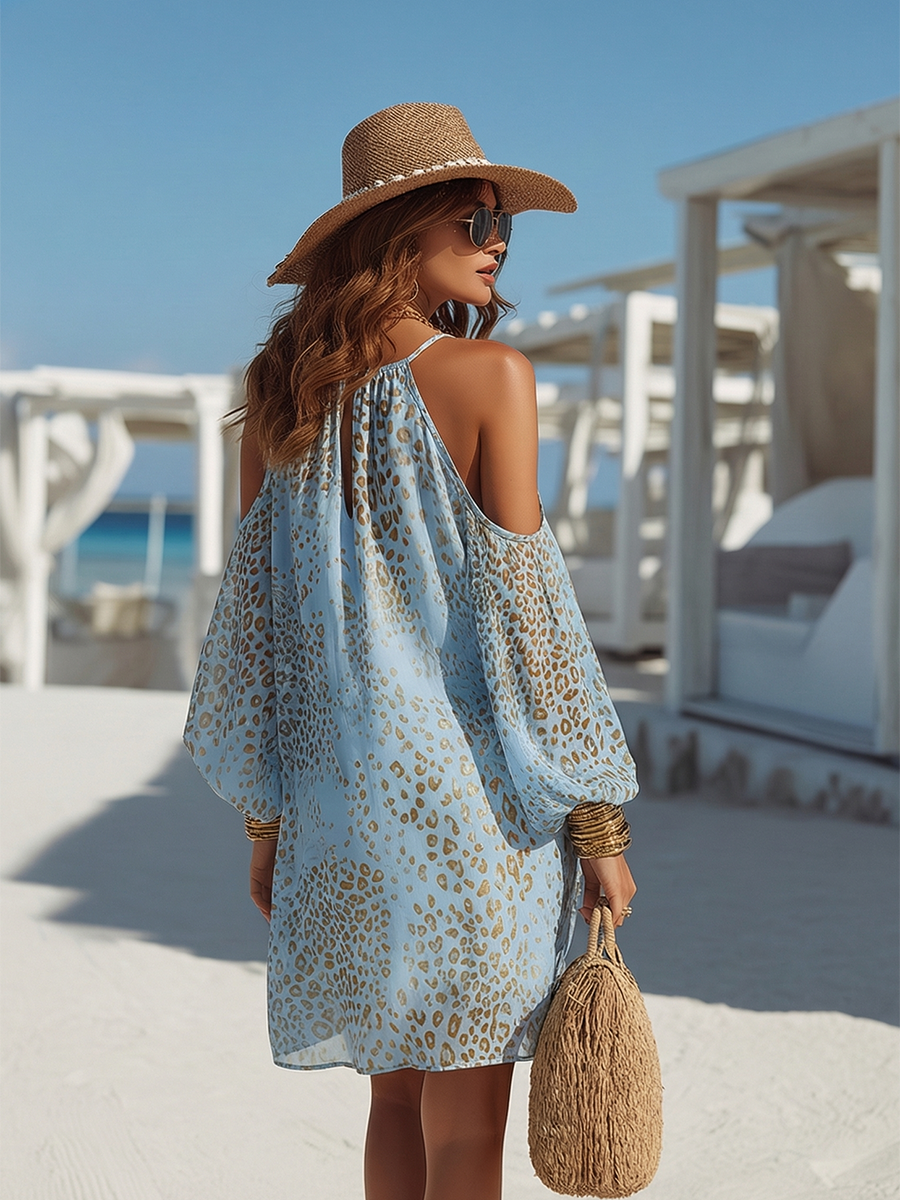 Mini Vestido Bohemio Romántico de Chiffon Azul con Manga Larga, Hombros Descubiertos y Estampado Leopardo