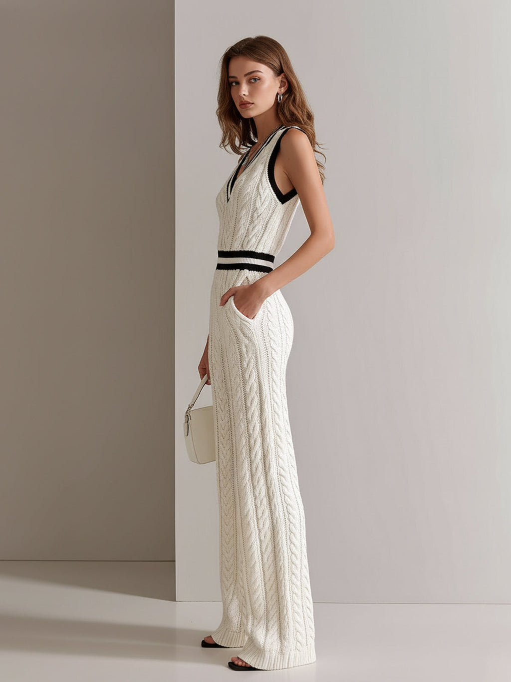 Mono Chic Elegante Blanco Crema con Cuello en V, Ribete en Contraste y Punto Cable