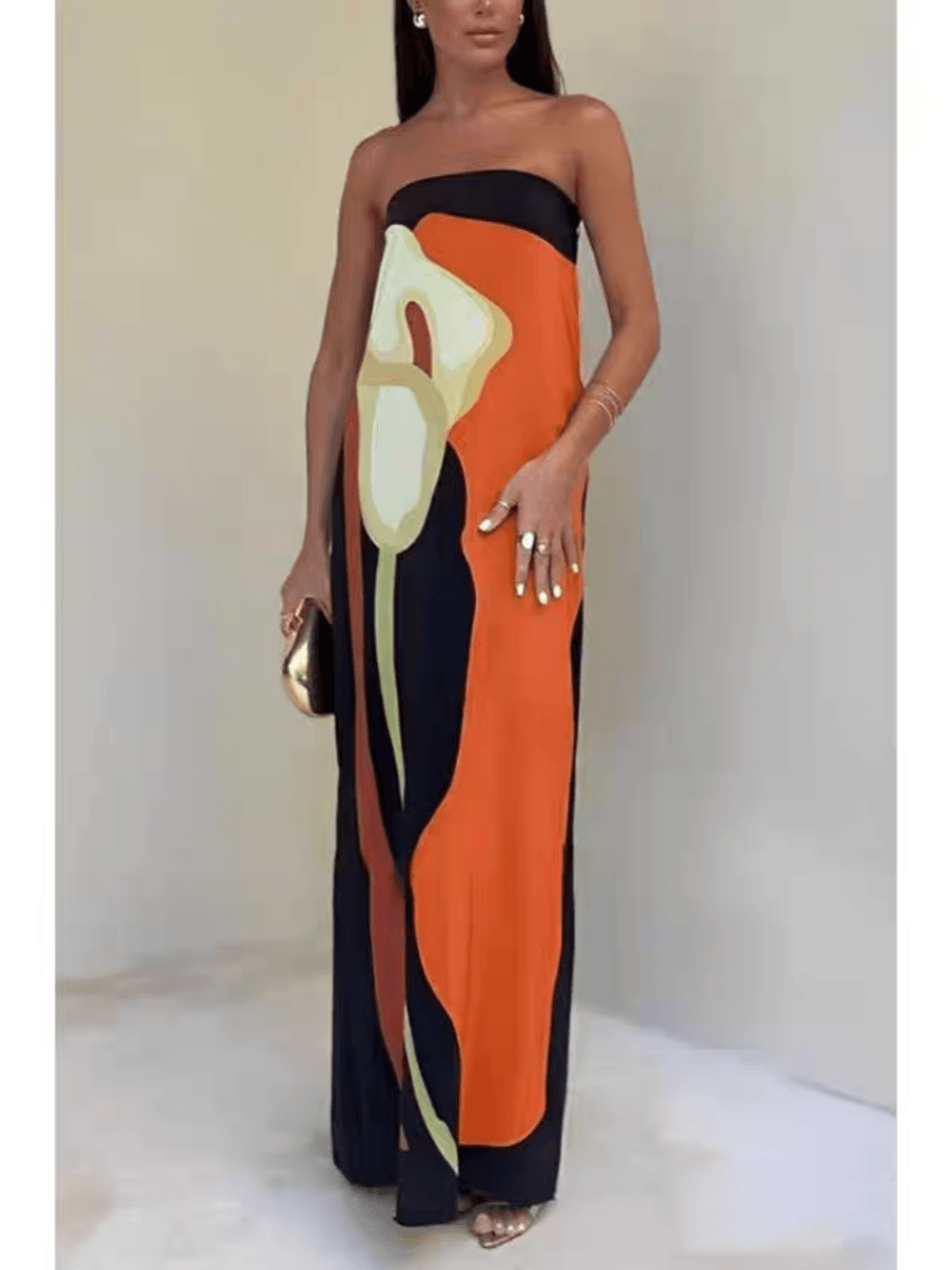 Vestido Maxi de Fiesta Estampado en Bloques de Color sin Tirantes