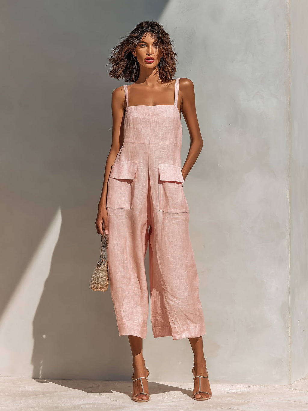 Mono Corto Chic Elegante Rosa de Algodón-Lino con Tirantes Finos y Pierna Ancha