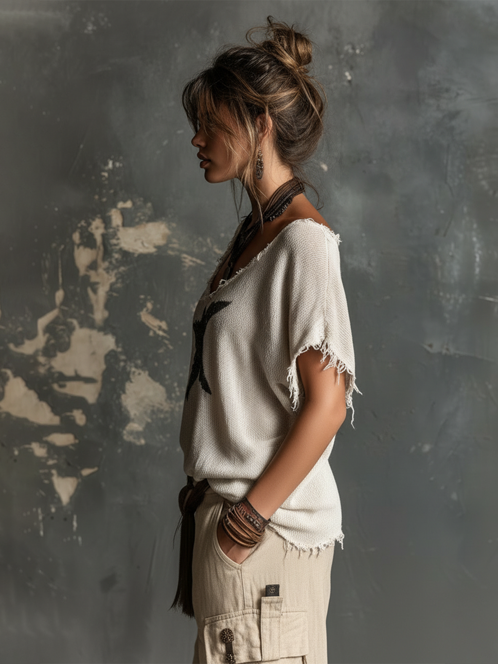 Top Suéter Chic Casual Blanco con Cuello en V, Estampado de Estrellas y Mangas Dólman