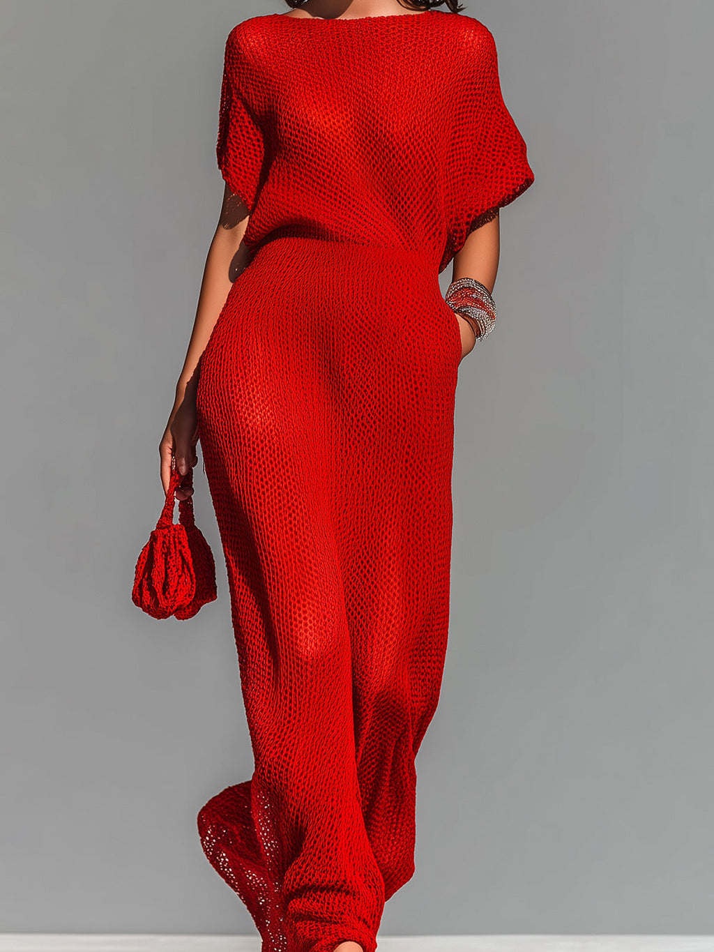 Vestido Maxi Chic Elegante Rojo con Cuello Barco en Punto Transpirable (Incluye Lencero Interior)