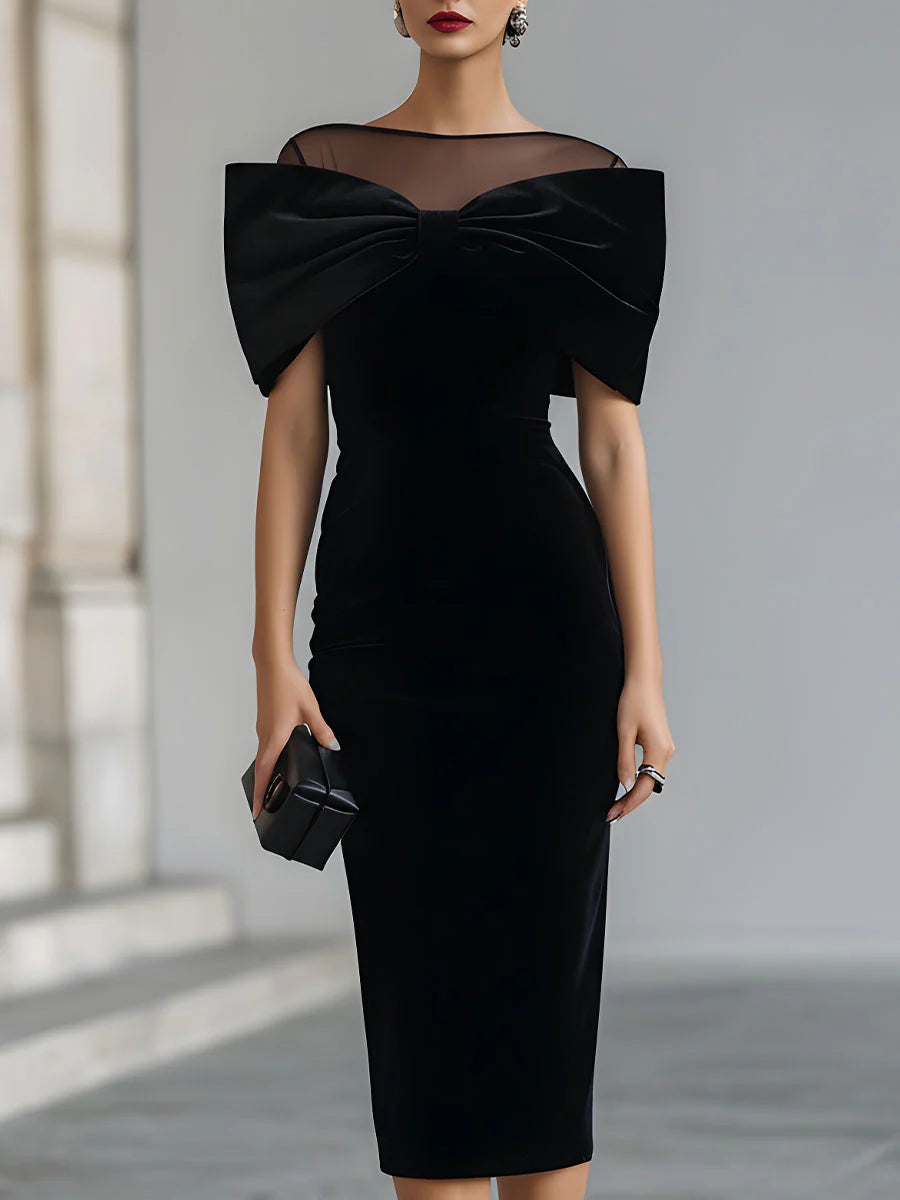 Vestido Midi de Terciopelo Negro con Lazo Dramático