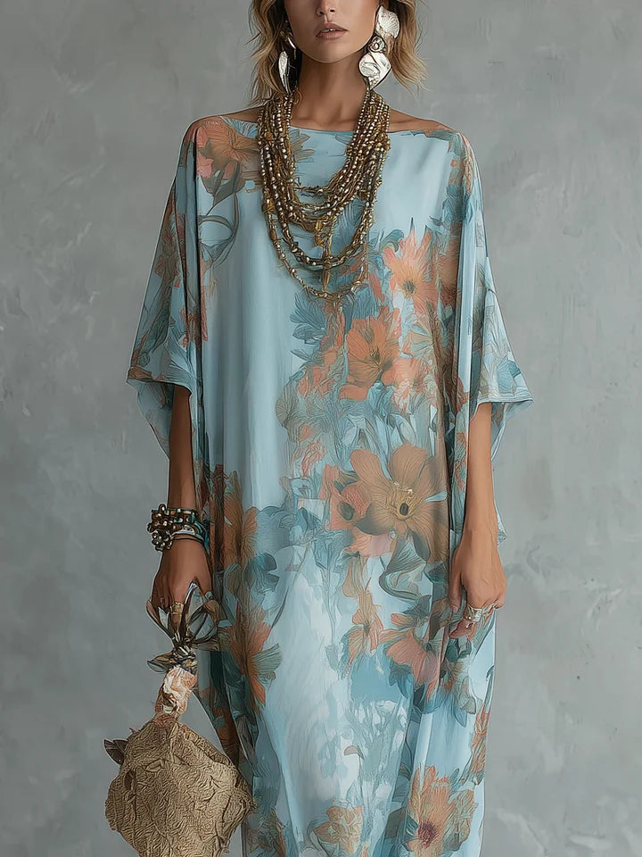 Vestido Largo Bohemio Holgado Azul Cielo con Estampado Floral