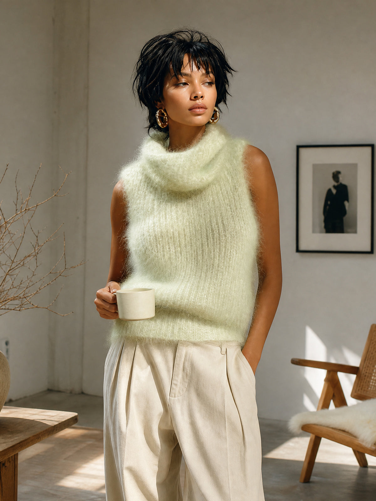 Top Camiseta Chic Vintage Verde Claro con Cuello Cowl y Punto Acanalado Esponjoso