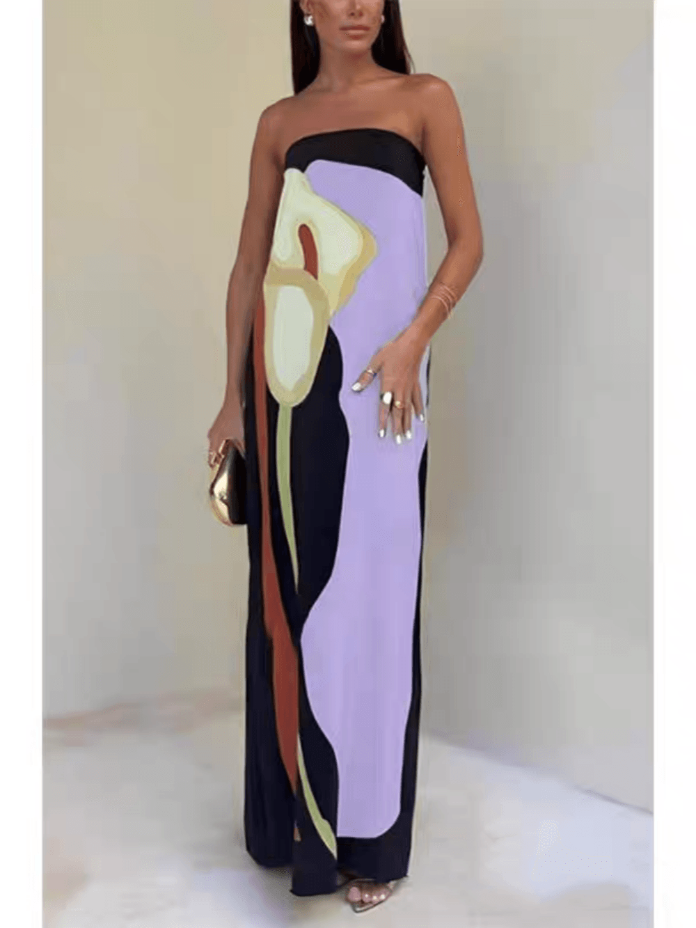 Vestido Maxi de Fiesta Estampado en Bloques de Color sin Tirantes