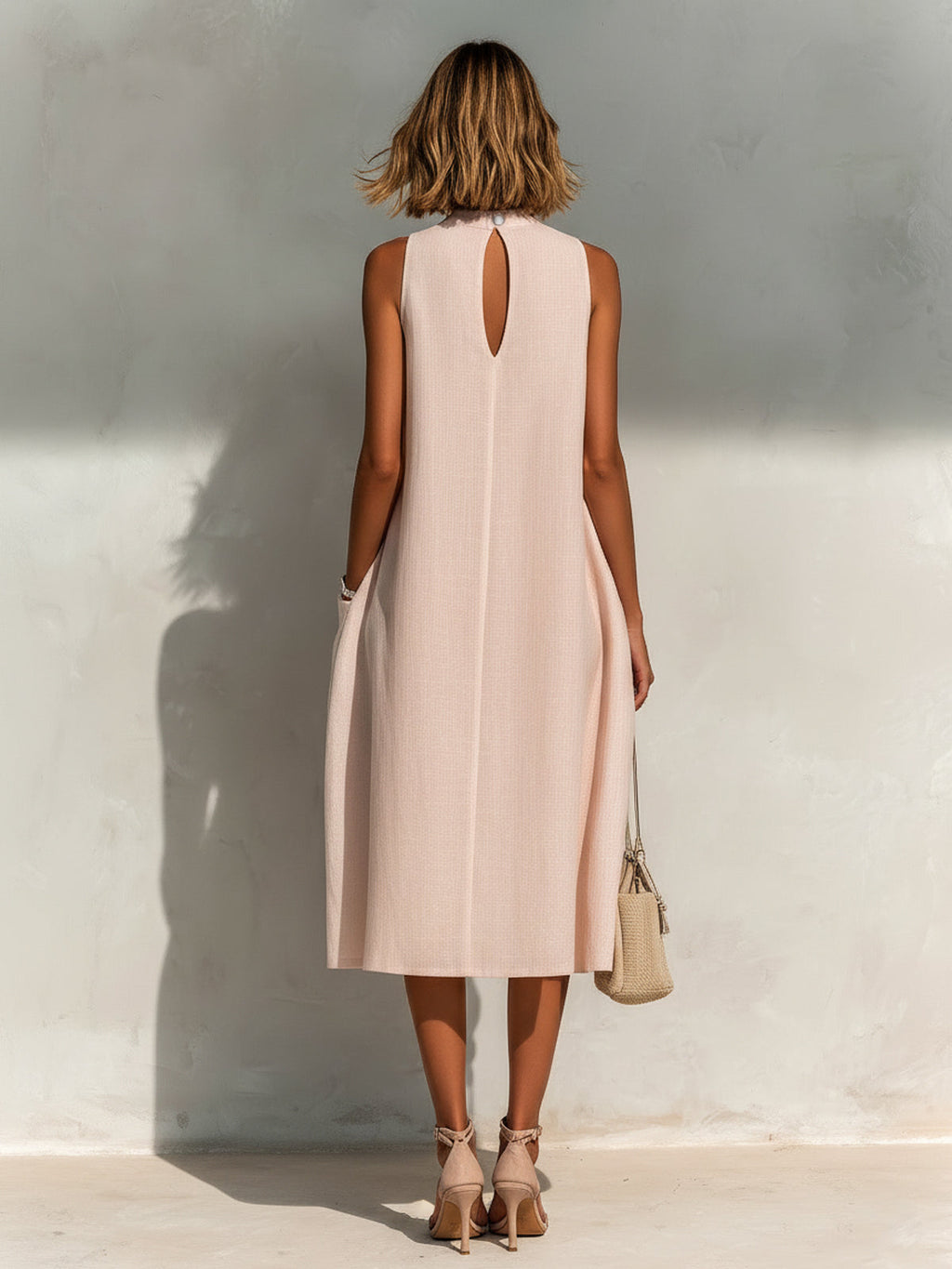 Vestido Midi Chic Elegante Rosa Claro de Lino con Cuello Redondo, Plisado y Bolsillos