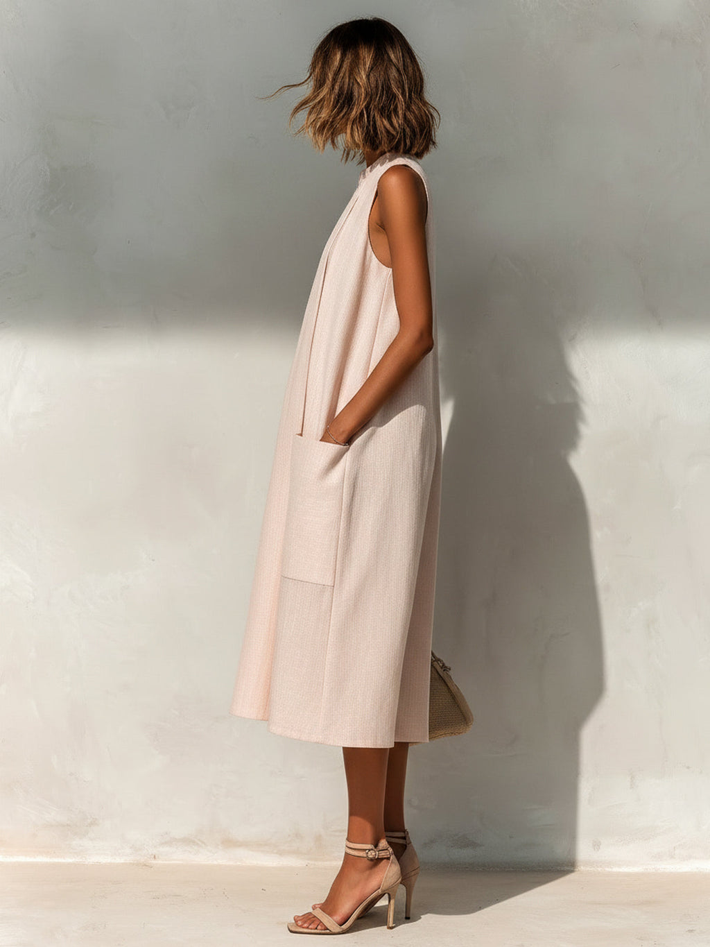 Vestido Midi Chic Elegante Rosa Claro de Lino con Cuello Redondo, Plisado y Bolsillos