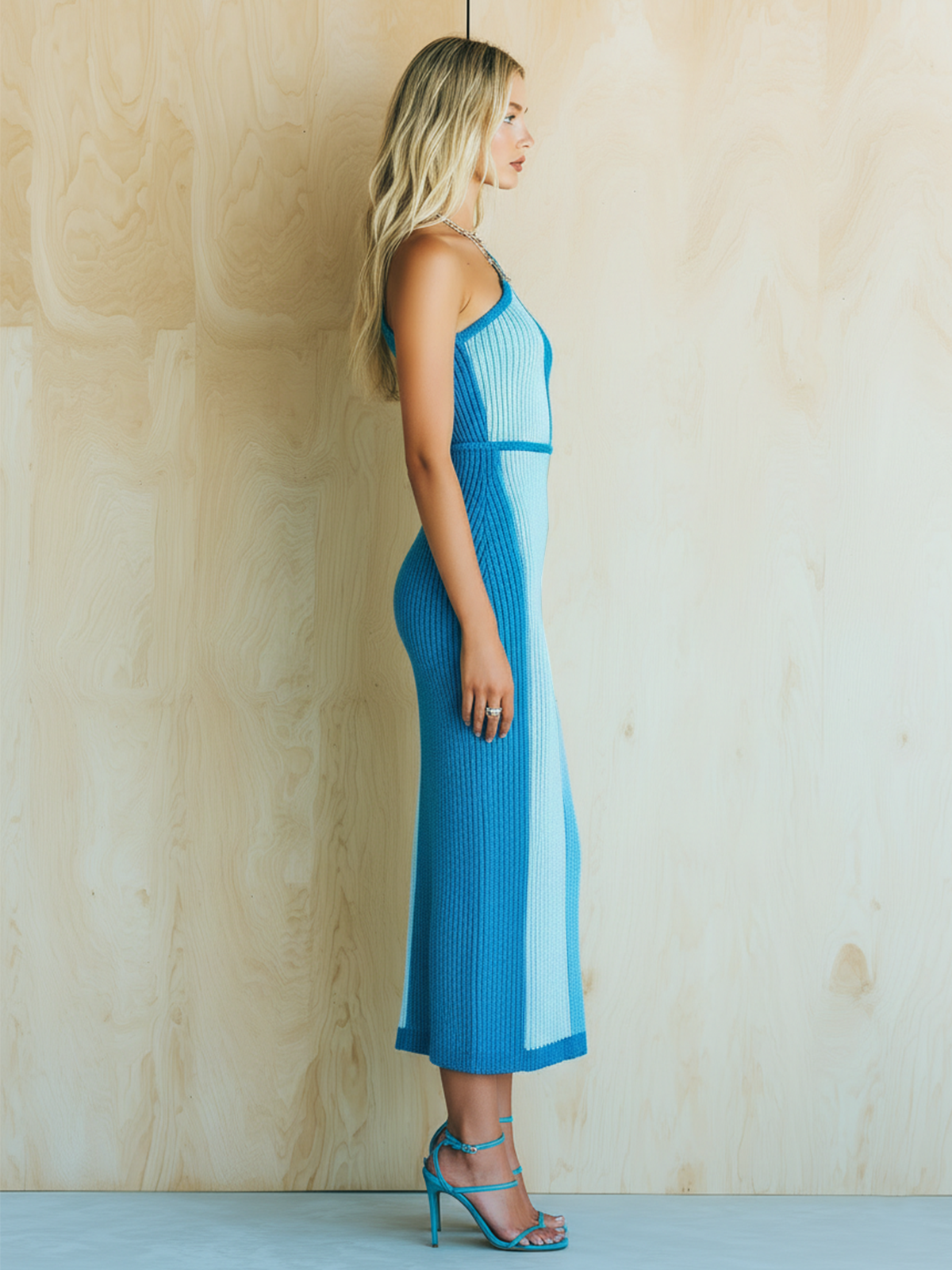 Vestido Midi Chic Elegante Azul Colorblock de un Solo Hombro con Abertura Lateral