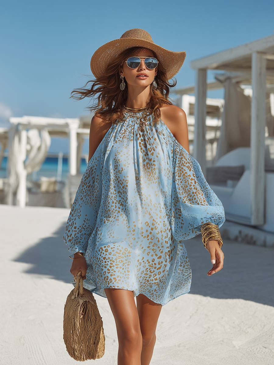 Mini Vestido Bohemio Romántico de Chiffon Azul con Manga Larga, Hombros Descubiertos y Estampado Leopardo