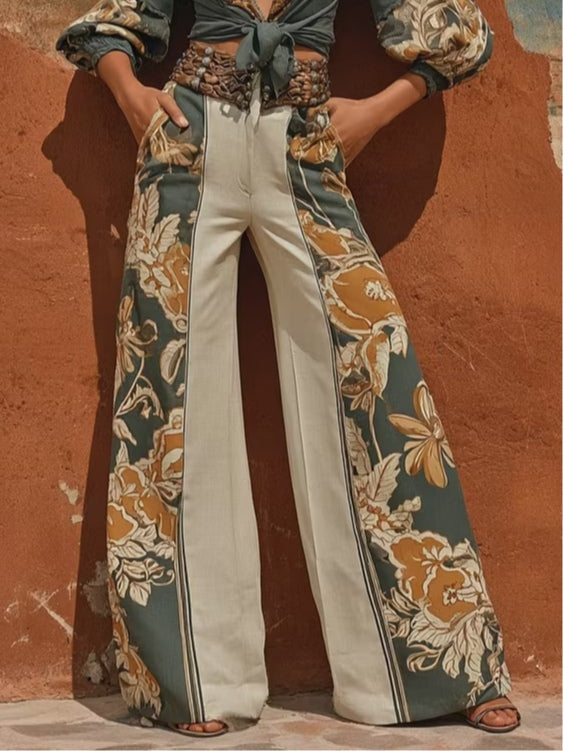 Conjunto Elegante con Top Estampado Color Block con Lazo y Pantalón
