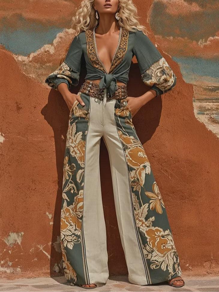 Conjunto Elegante con Top Estampado Color Block con Lazo y Pantalón