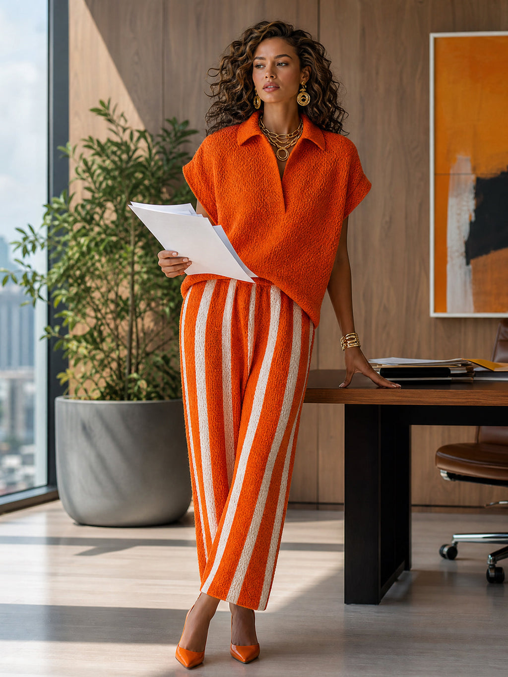 Set de Dos Piezas Chic Elegante Naranja y Blanco: Suéter Colorblock con Cuello en V y Pantalón Elástico