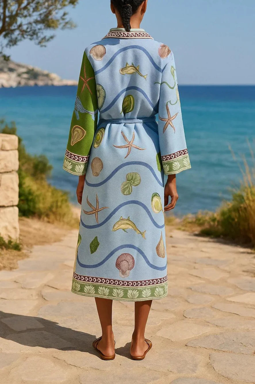 Vestido Camisero Midi de Sarga Estampado con Cinturón