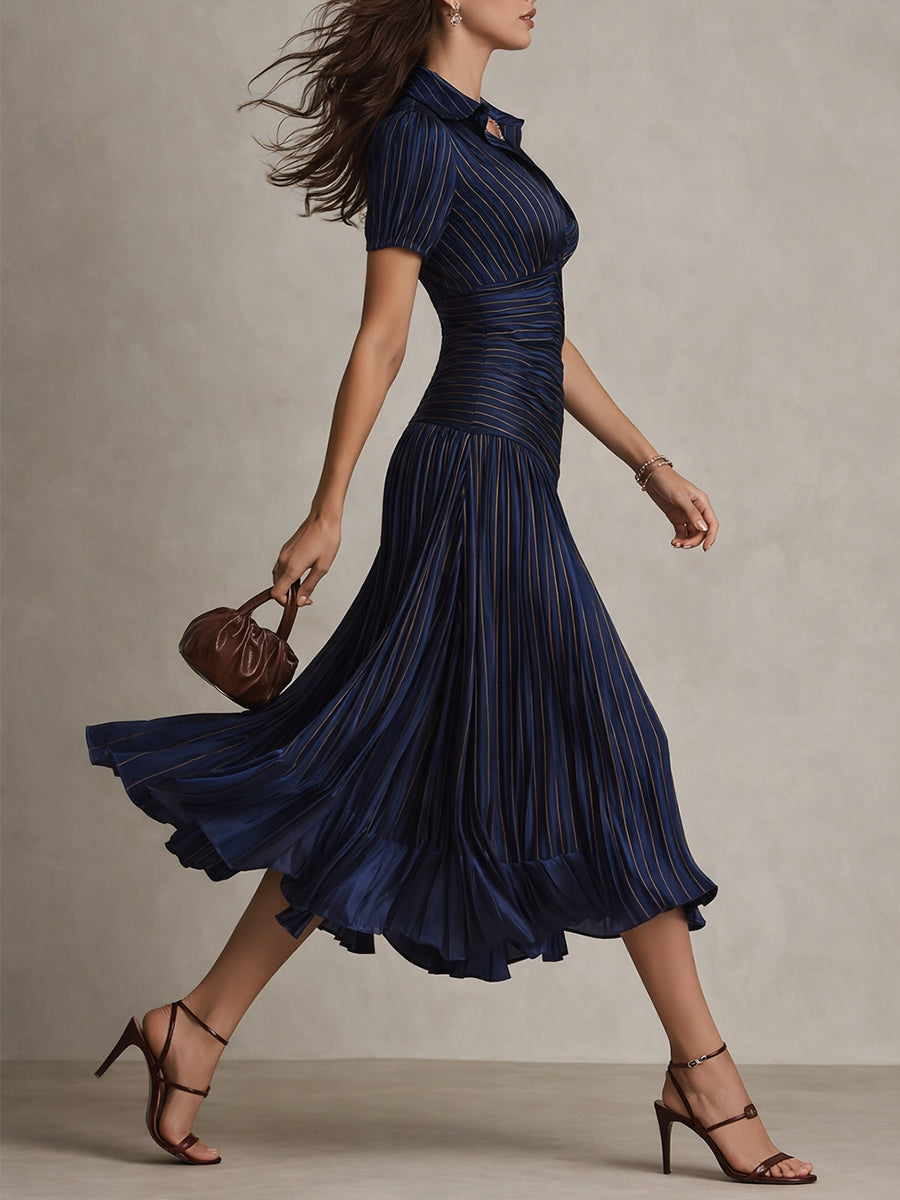 Adriana - Vestido Midi de Satén a Rayas Retro