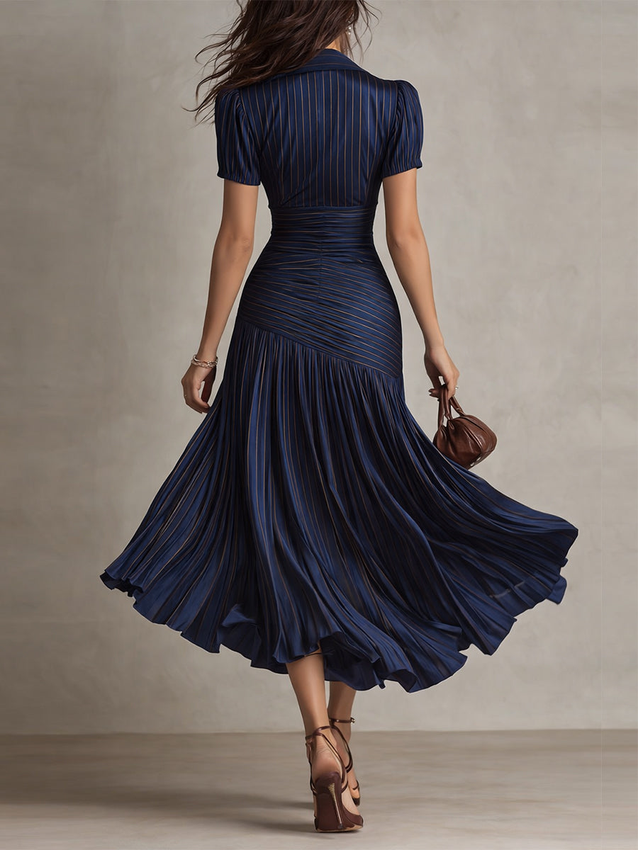 Adriana - Vestido Midi de Satén a Rayas Retro
