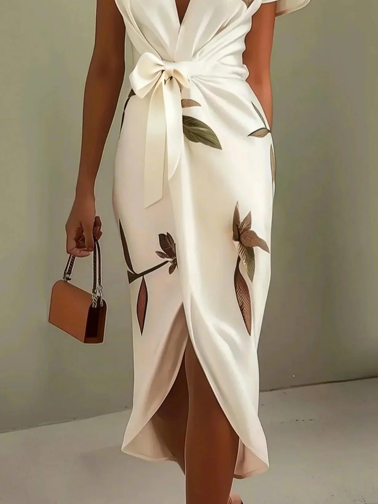 Vestido Midi Satinado Blanco con Estampado de Hojas y Manga Corta