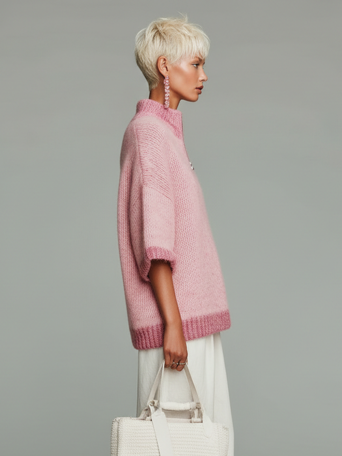 Top Suéter Casual Rosa con Cuello Alto, Cremallera y Manga Corta