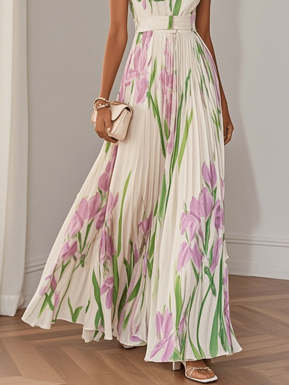 Vestido Maxi de Chiffon Blanco Plisado Floral con Cuello Cuadrado sin Mangas