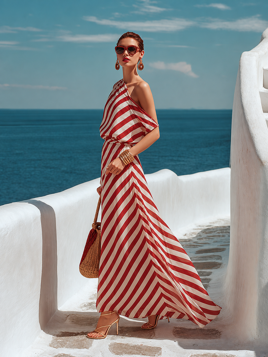 Vestido Maxi de Chiffon a Rayas Rojas y Blancas de un Solo Hombro Estilo Playa