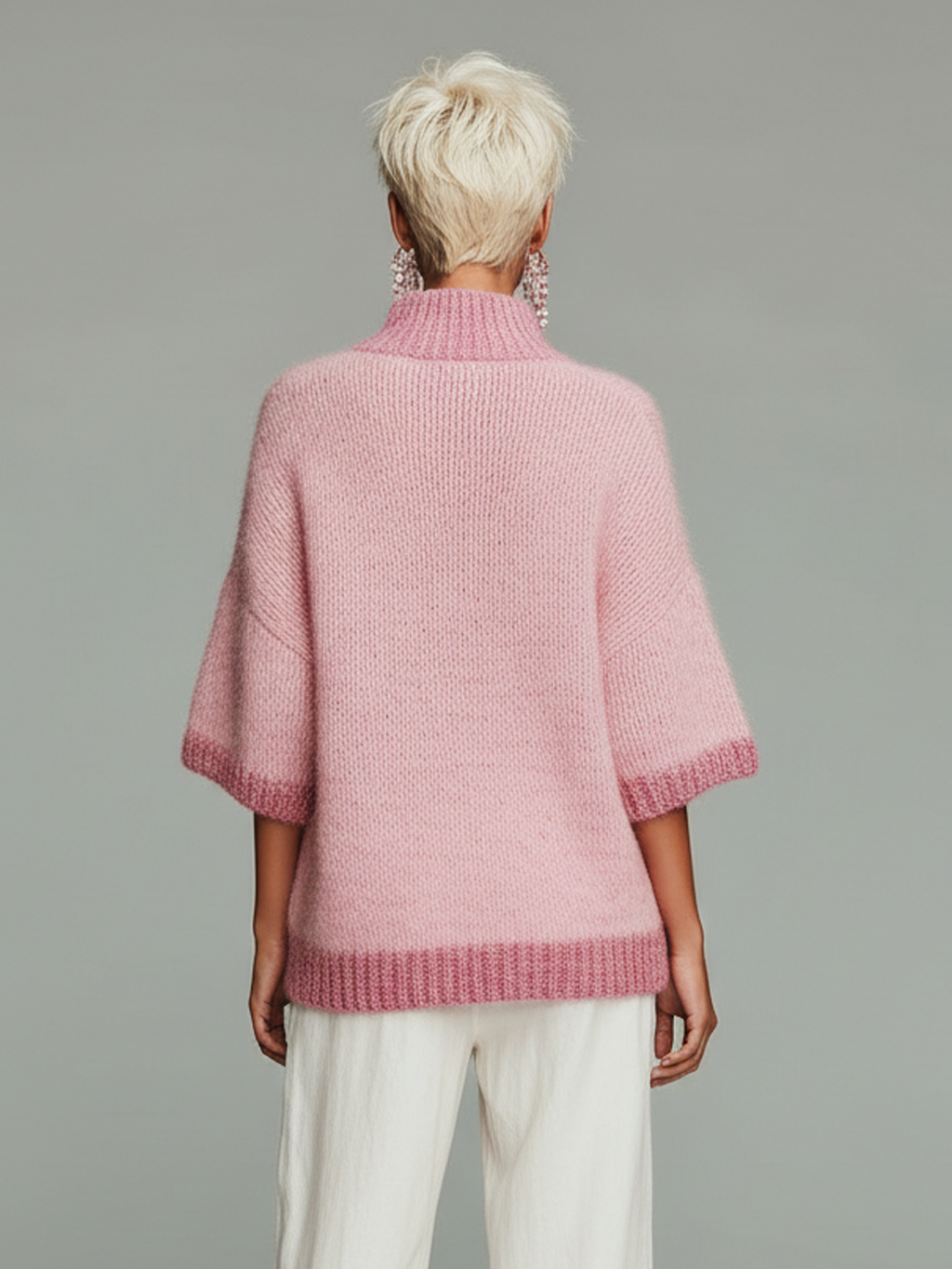 Top Suéter Casual Rosa con Cuello Alto, Cremallera y Manga Corta