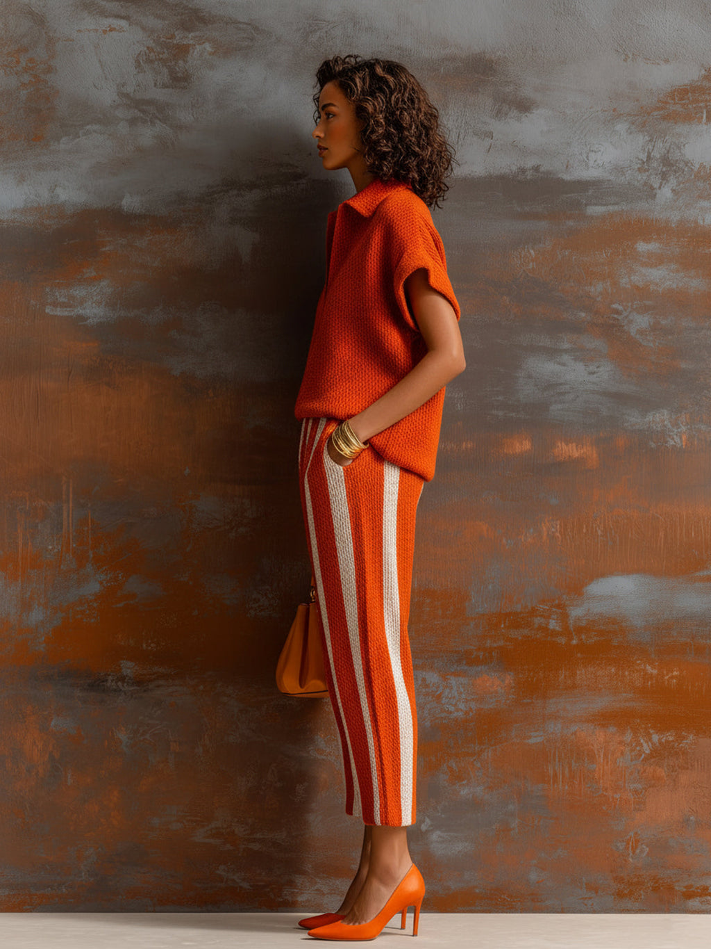 Set de Dos Piezas Chic Elegante Naranja y Blanco: Suéter Colorblock con Cuello en V y Pantalón Elástico