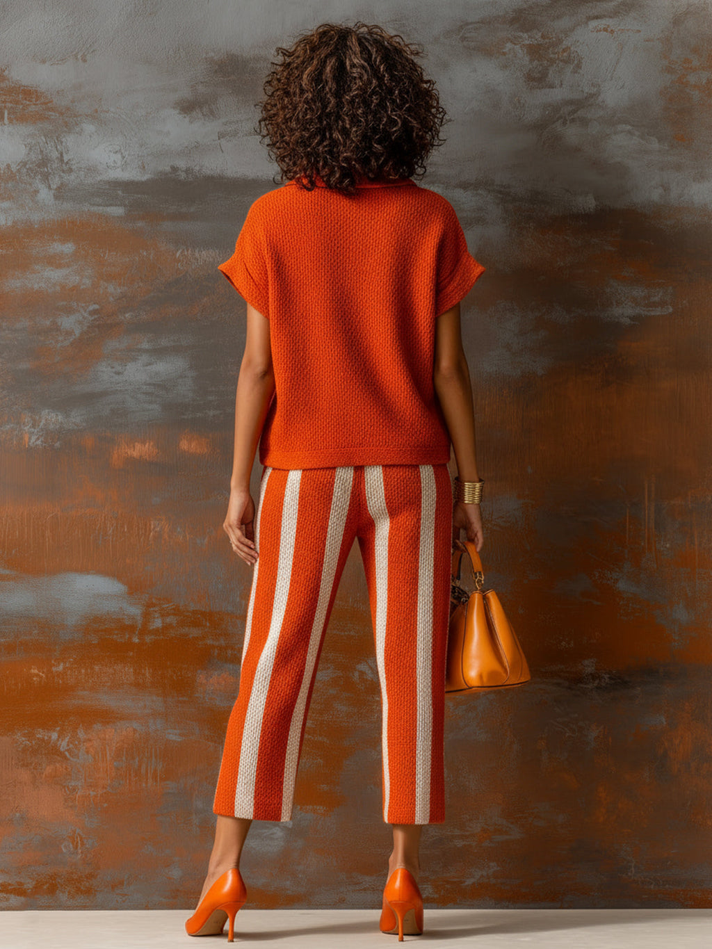 Set de Dos Piezas Chic Elegante Naranja y Blanco: Suéter Colorblock con Cuello en V y Pantalón Elástico