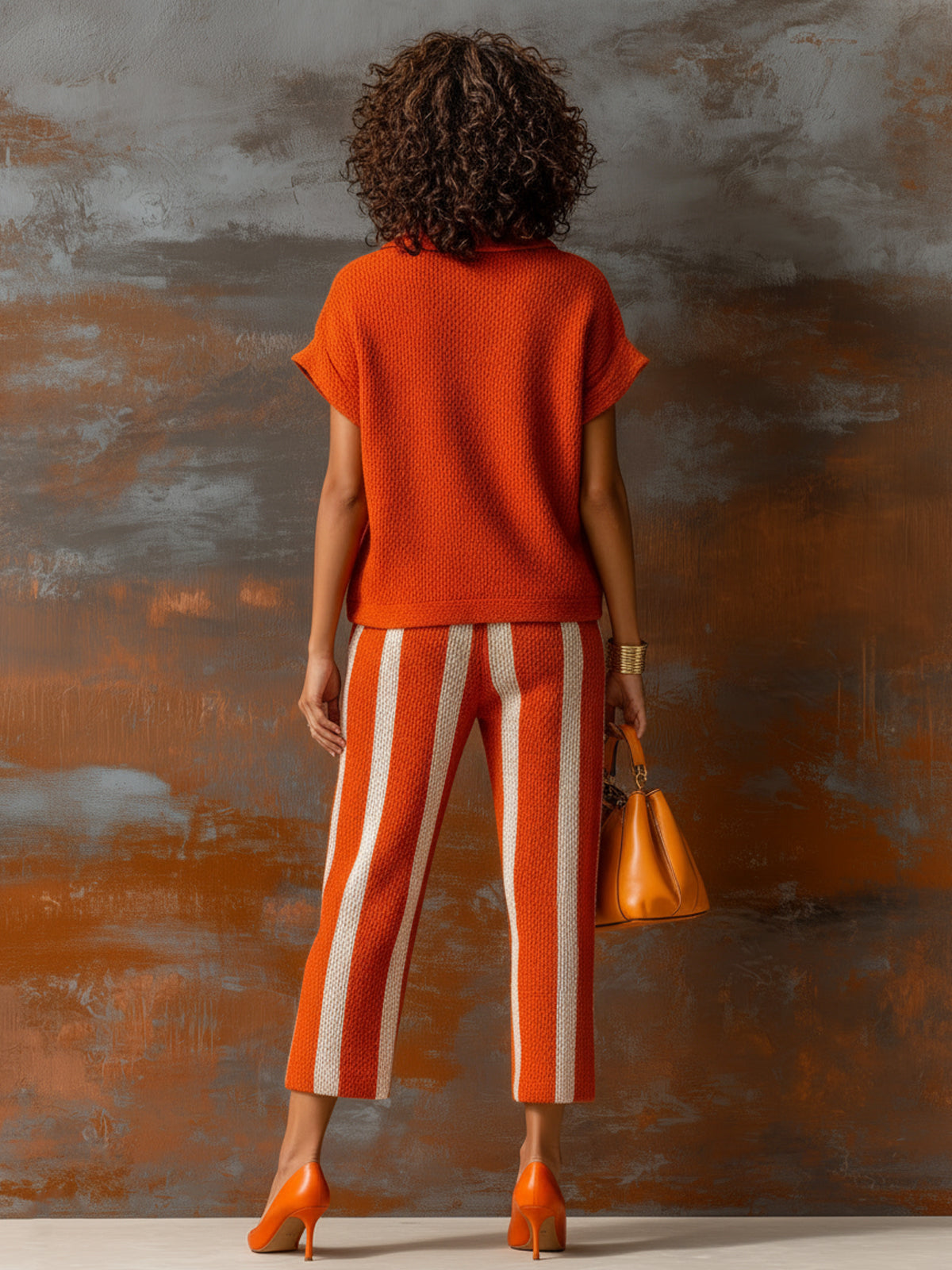 Set de Dos Piezas Chic Elegante Naranja y Blanco: Suéter Colorblock con Cuello en V y Pantalón Elástico