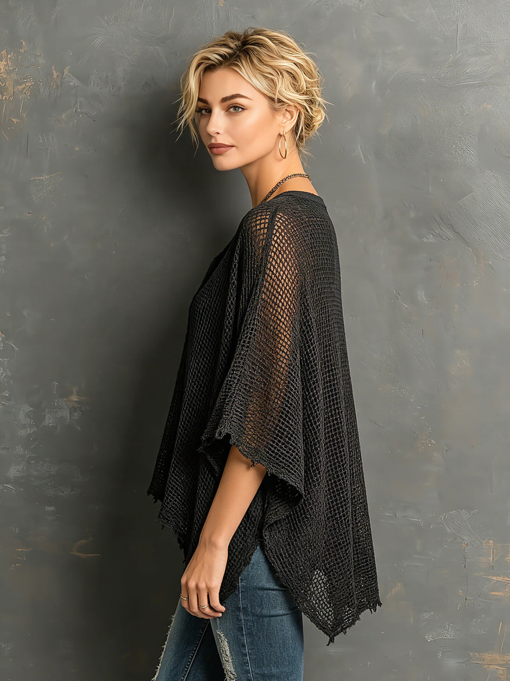 Suéter Chic Casual Negro con Cuello Henley, Hombros Caídos y Mangas Murciélago