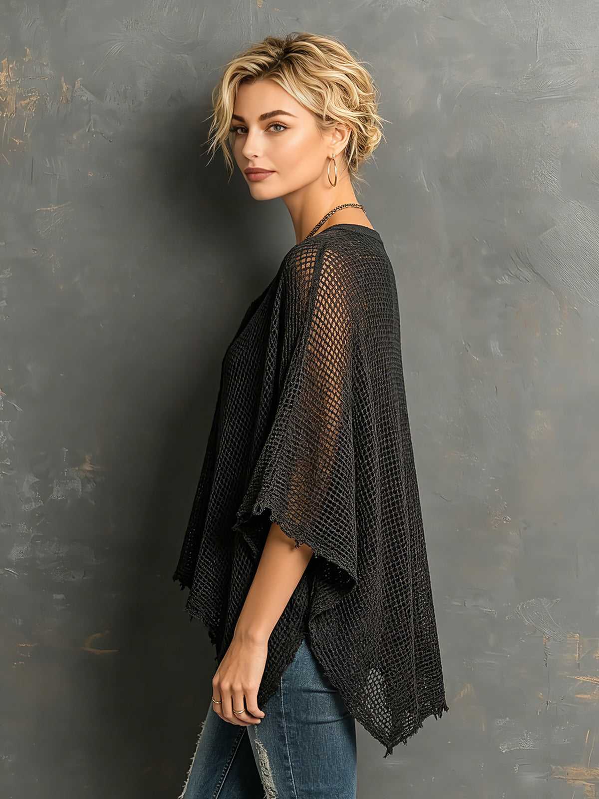 Suéter Chic Casual Negro con Cuello Henley, Hombros Caídos y Mangas Murciélago