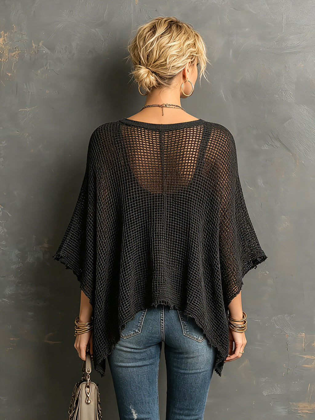 Suéter Chic Casual Negro con Cuello Henley, Hombros Caídos y Mangas Murciélago