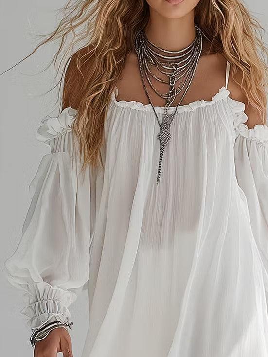 Mini Vestido Boho Fluido con Hombros Descubiertos