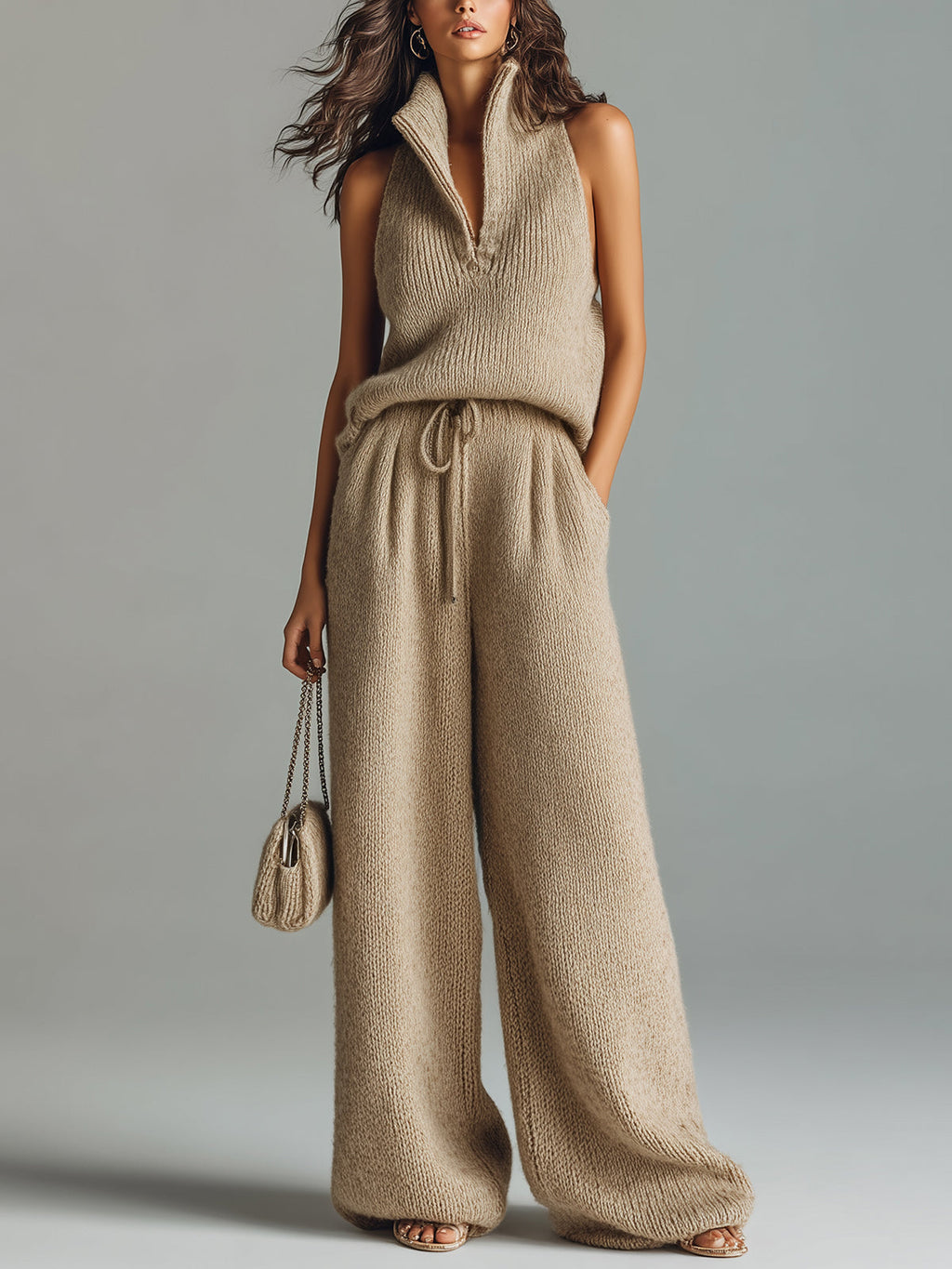 Set de Dos Piezas Chic Elegante: Suéter Camel con Cuello Alto en V sin Mangas y Pantalón de Pierna Ancha en Punto Acanalado