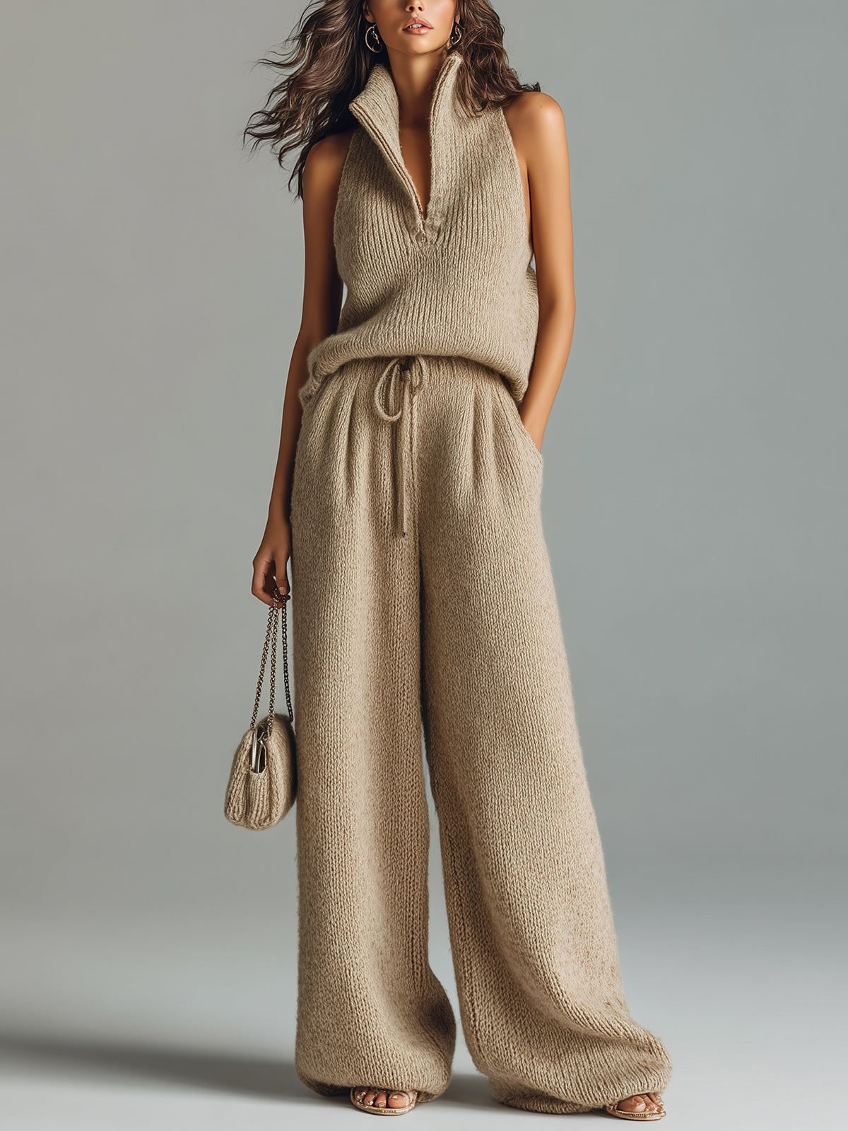 Set de Dos Piezas Chic Elegante: Suéter Camel con Cuello Alto en V sin Mangas y Pantalón de Pierna Ancha en Punto Acanalado