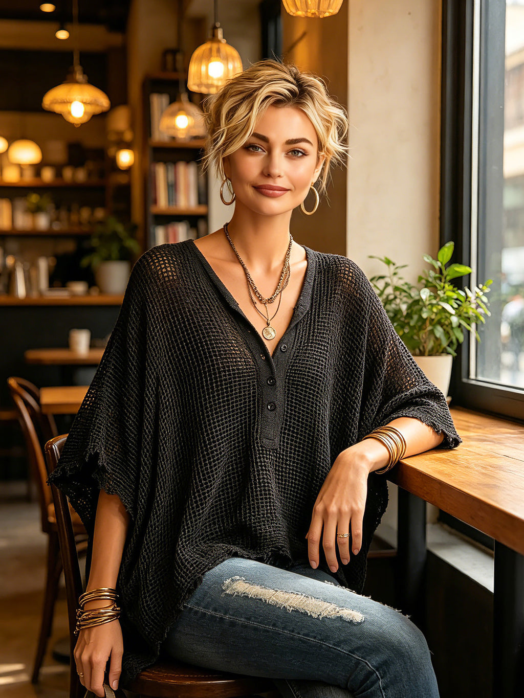 Suéter Chic Casual Negro con Cuello Henley, Hombros Caídos y Mangas Murciélago