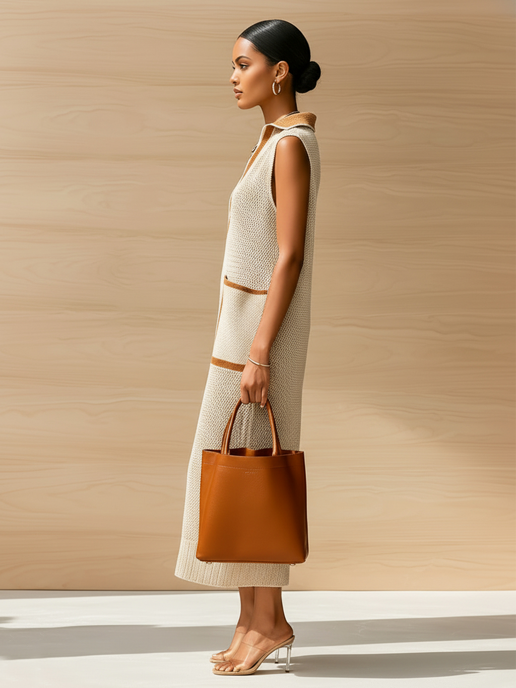Vestido Maxi Chic Elegante Beige Colorblock con Cuello Solapa en V, Bolsillos y Punto Acanalado