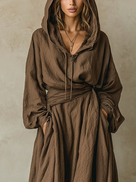 Vestido Maxi Holgado Café de Mezcla Algodón-Lino con Capucha