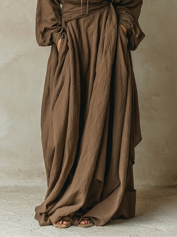 Vestido Maxi Holgado Café de Mezcla Algodón-Lino con Capucha