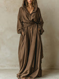 Vestido Maxi Holgado Café de Mezcla Algodón-Lino con Capucha