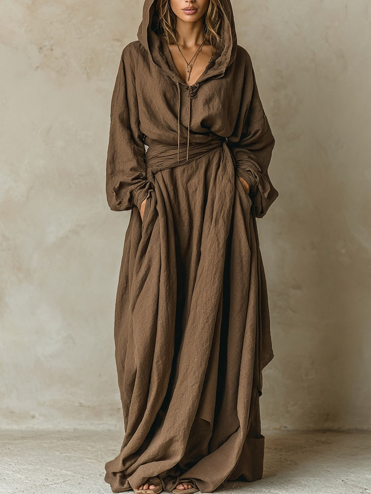 Vestido Maxi Holgado Café de Mezcla Algodón-Lino con Capucha