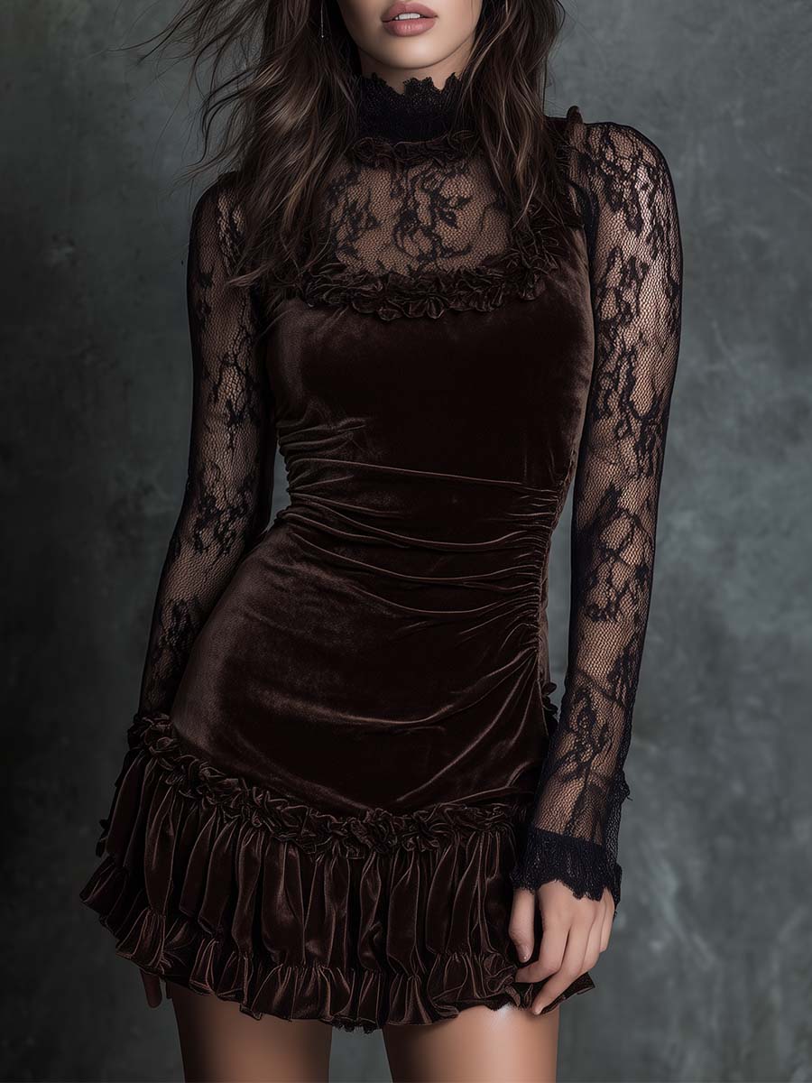 Mini Vestido de Terciopelo Chocolate con Encaje Gótico Plisado