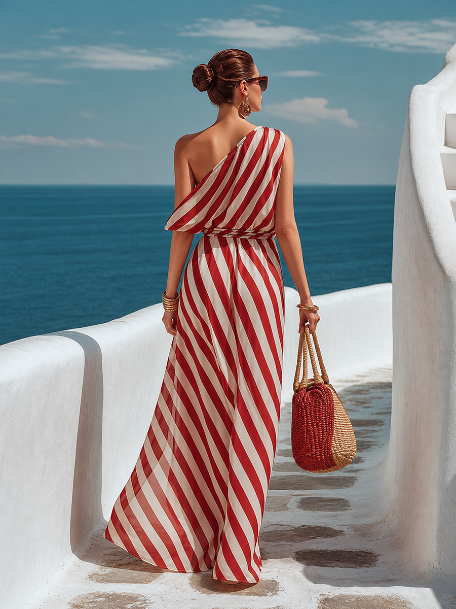 Vestido Maxi de Chiffon a Rayas Rojas y Blancas de un Solo Hombro Estilo Playa